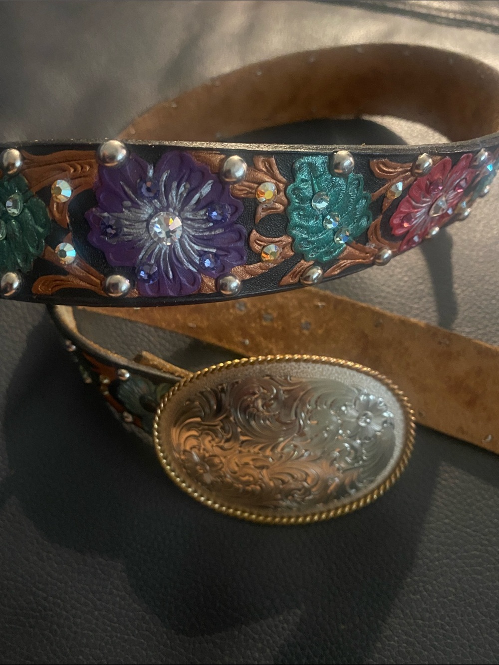 Floral Tooled Leather Belt Montana Silversmiths Buckle